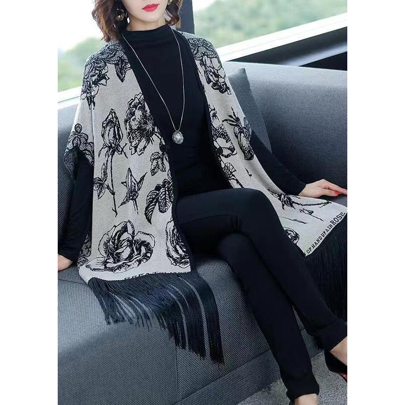 Fashion Grey V Neck Tasseled Print Patchwork Knit Coats Fall