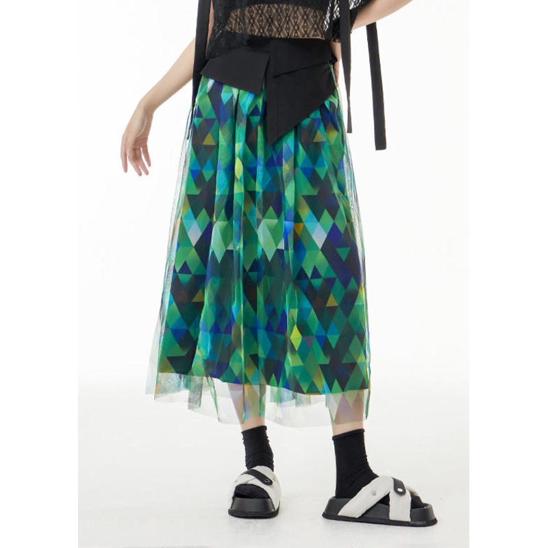 Fitted Green Asymmetrical Print Patchwork Tulle Skirts Summer