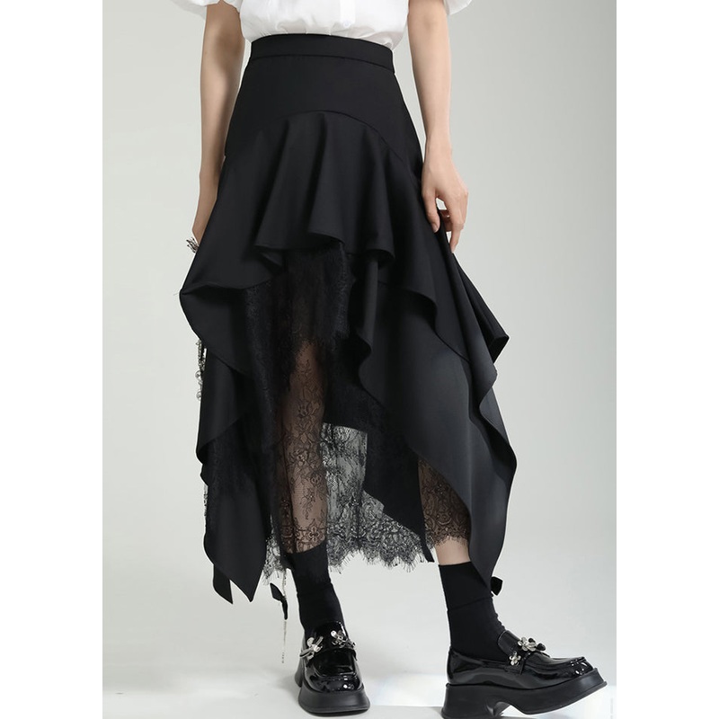 French Black Asymmetrical Ruffled Lace Patchwork Cotton Skirt Fall