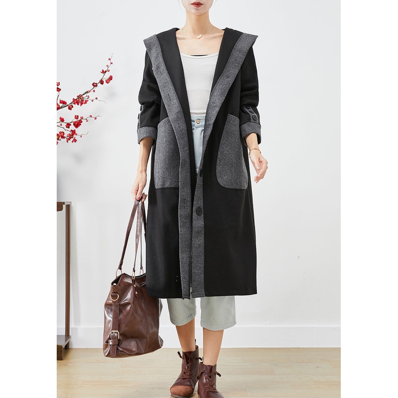 French Black Hooded Patchwork Pockets Woolen Coat Outwear Fall