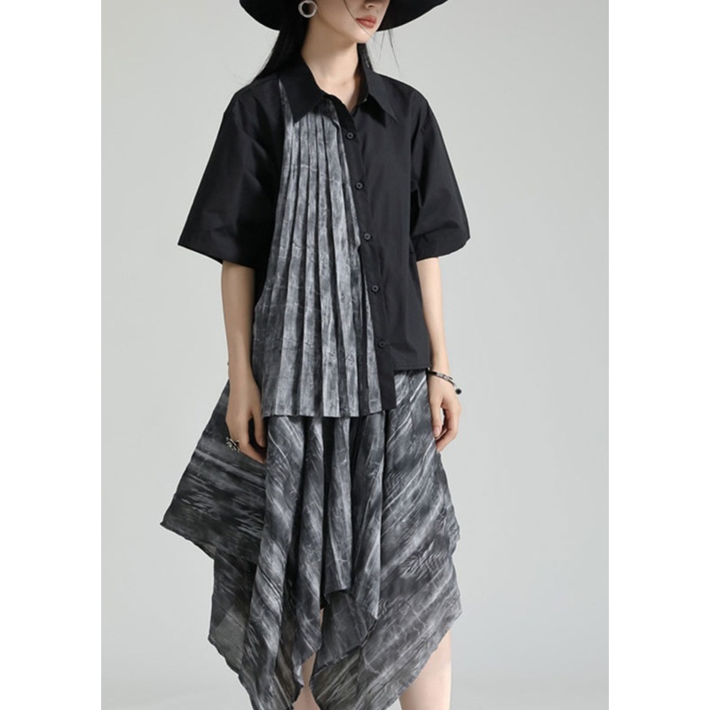 French Black Peter Pan Collar Wrinkled Patchwork Cotton Shirt Summer