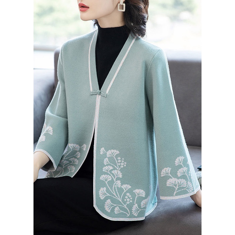 French Blue V Neck Button Print Patchwork Knit Coats Fall