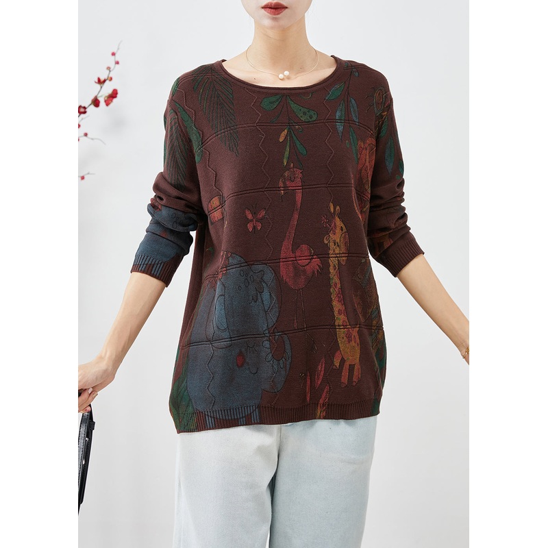 French Chocolate Oversized Animal Print Knit Sweaters Fall