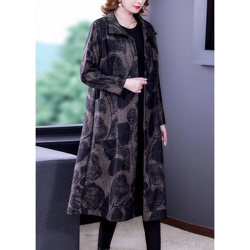 French Dark Gray Print Pockets Patchwork Cotton Long Trench Coat Fall