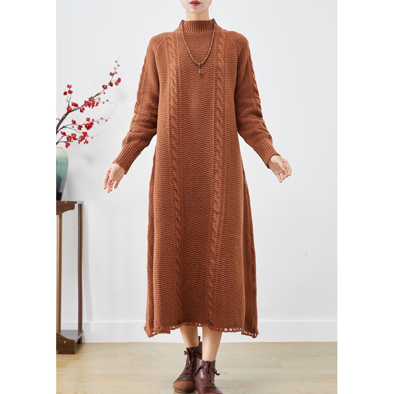 French Khaki High Neck Cable Knit Sweater Dress Winter