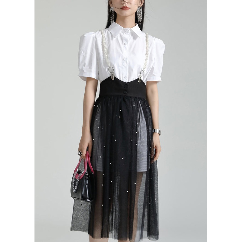 French White Peter Pan Collar Shirt Dresses And Tulle Skirt Two Pieces Set Summer