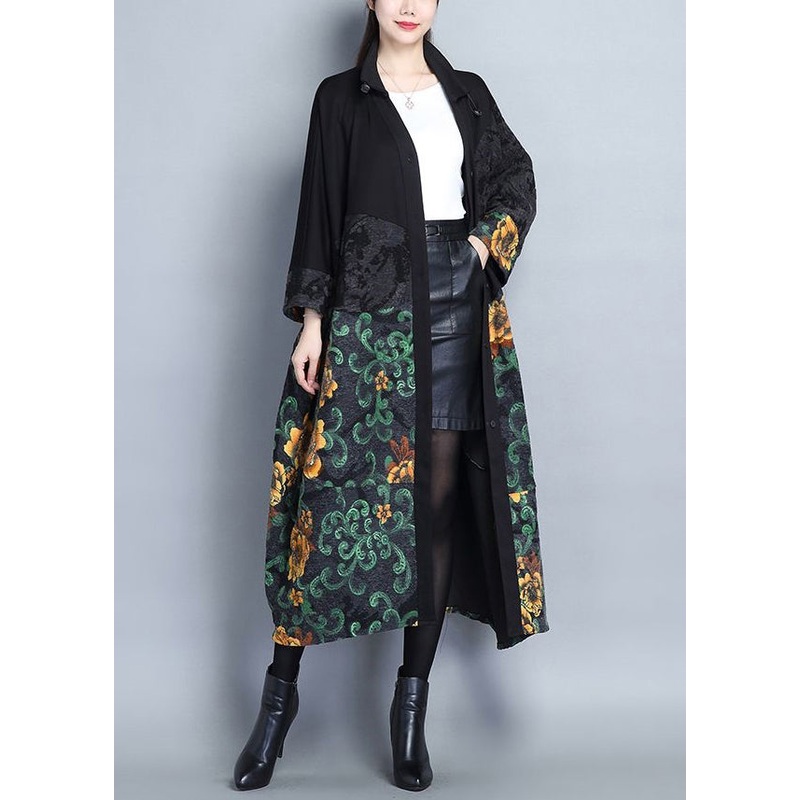 Green Print Pockets Patchwork Cotton Long Trench Coats Button Long Sleeve