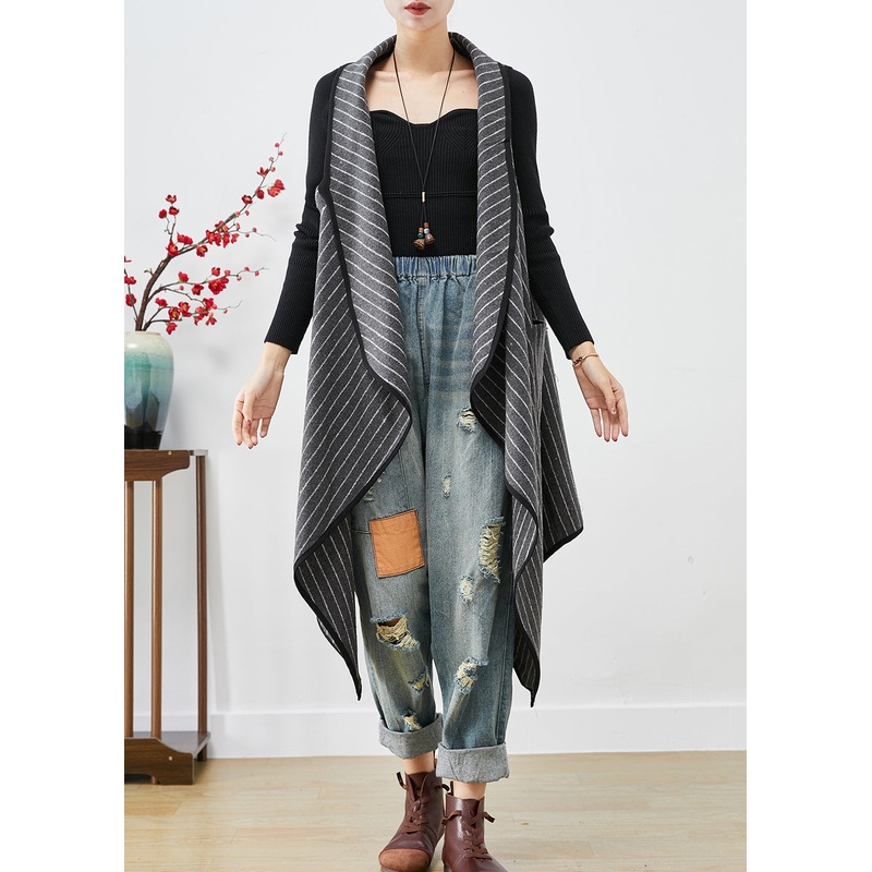 Grey Striped Cotton Long Vest Asymmetrical Oversized Fall