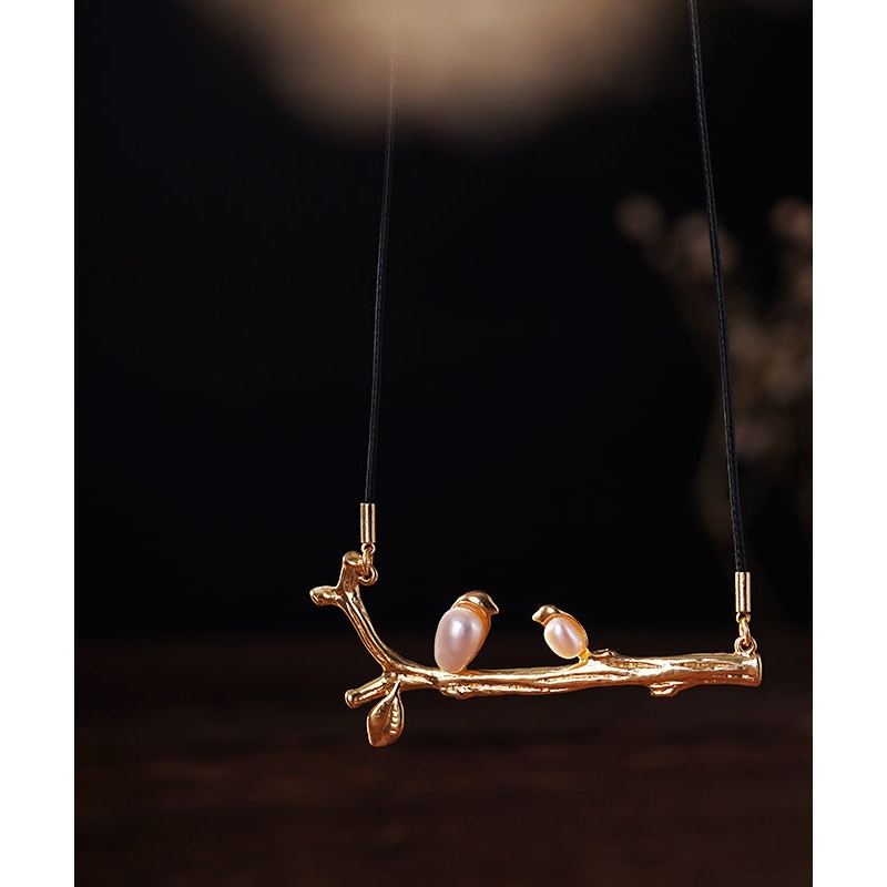 Handmade Gold Pearl Branch Little Bird Pendant Necklace