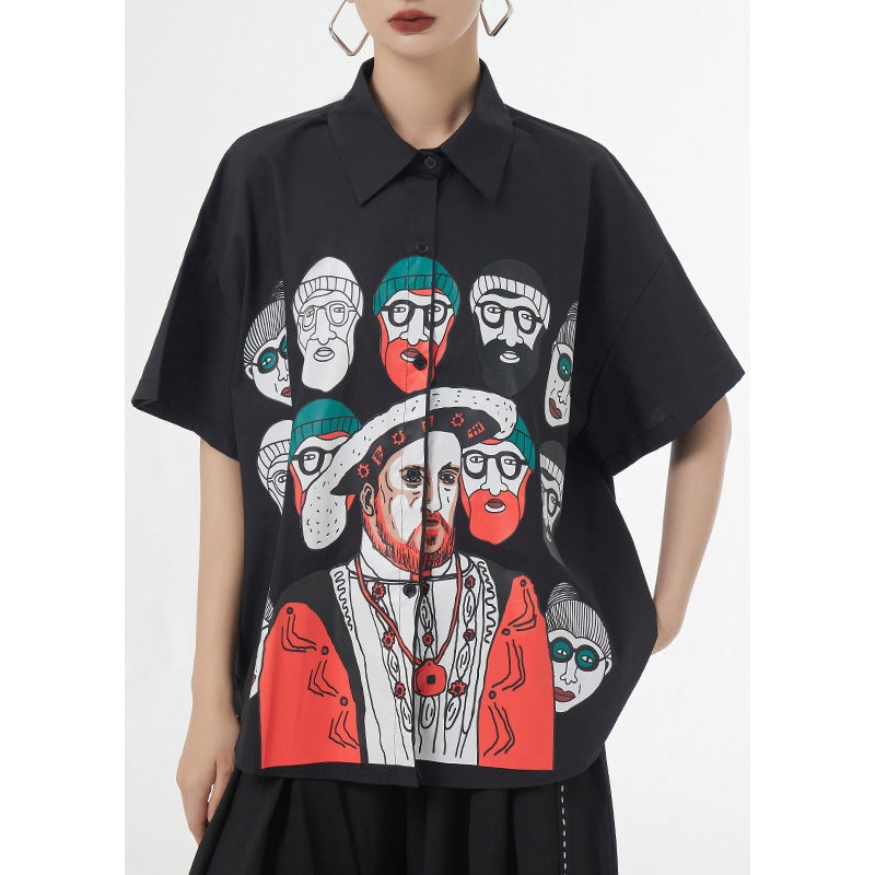 Italian Black Peter Pan Print Collar Patchwork Cotton Shirt Summer