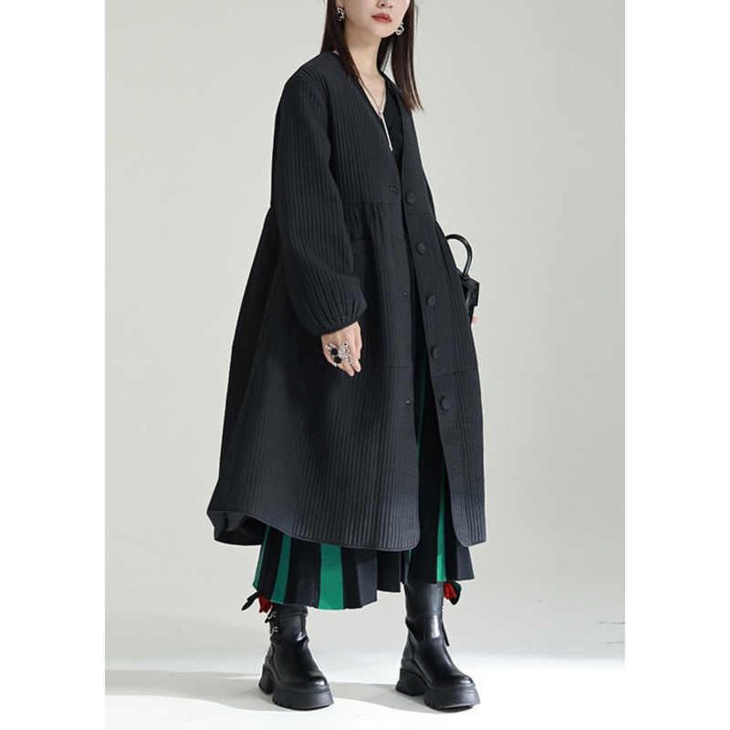 Italian Black V Neck Button Patchwork Fine Cotton Filled Trench Winter