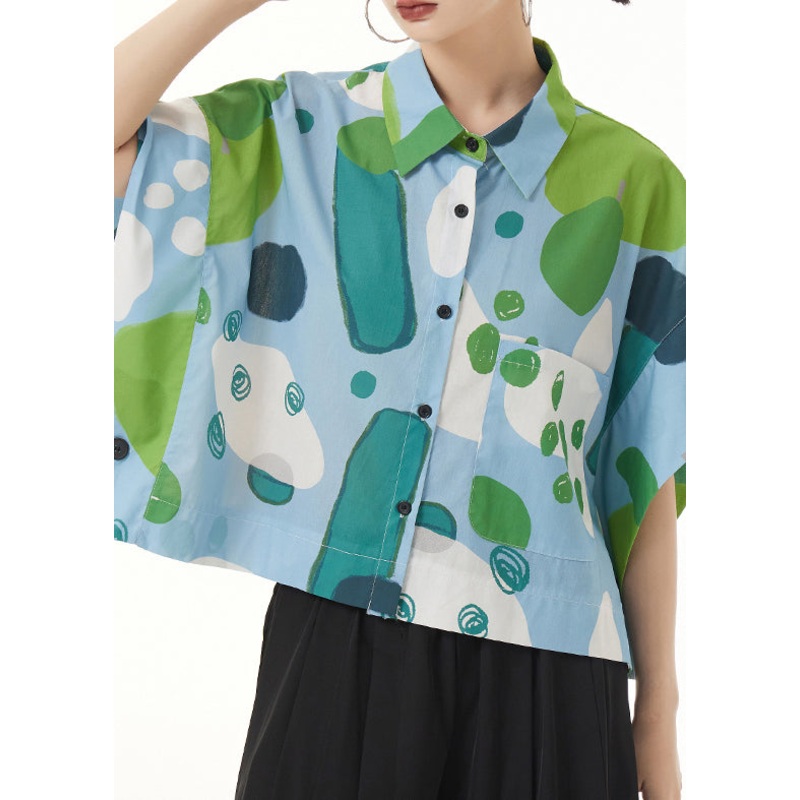 Italian Green Print Button Patchwork Cotton Blouses Batwing Sleeve