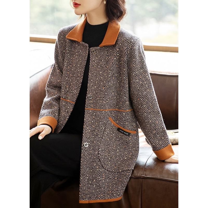 Italian Peter Pan Collar Button Pockets Patchwork Woolen Coat Fall