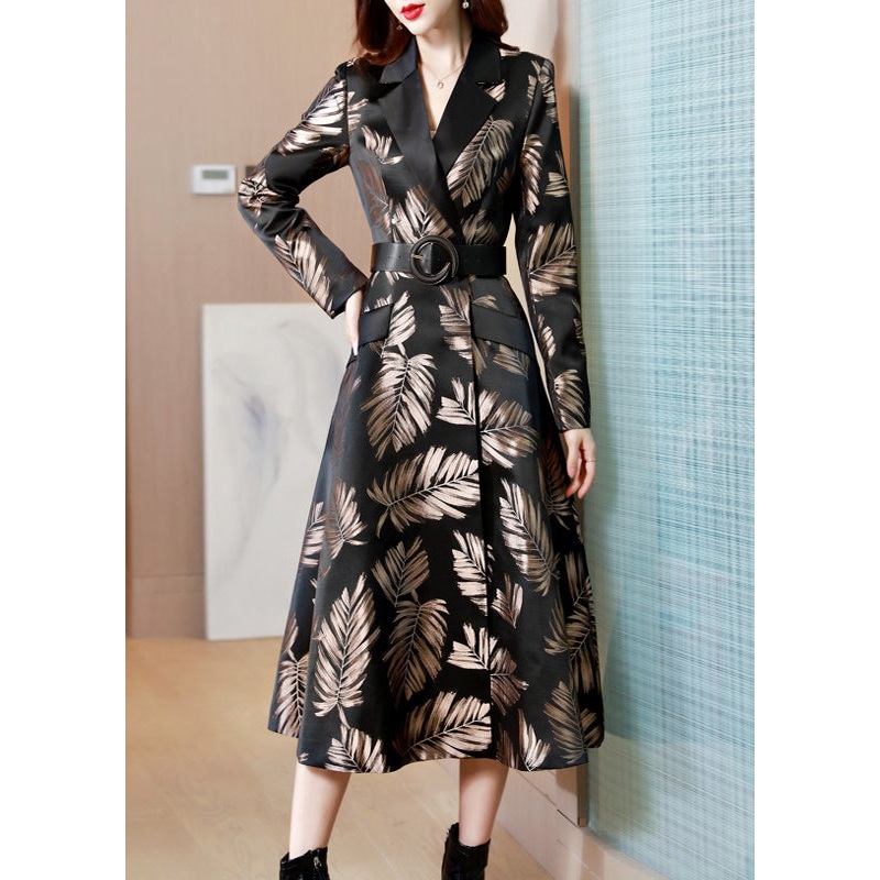 Jacquard Black Sashes Pockets Cotton Long Trench Coat Fall