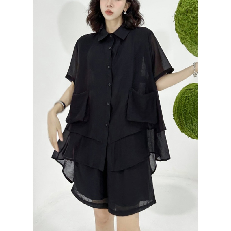 Loose Black Asymmetrical Patchwork Shirts And Shorts Cotton Two Pieces Set Summer