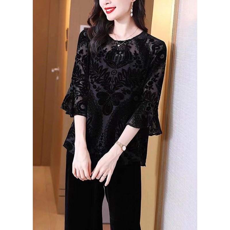Loose Black O Neck Embroideried Patchwork Silk Velour Lantern Sleeve