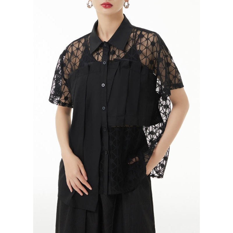 Loose Black Peter Pan Collar Hollow Out Lace Patchwork Shirts Summer