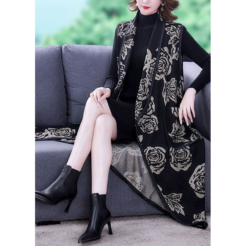 Loose Black Print Pockets Patchwork Cotton Long Waistcoat Sleeveless