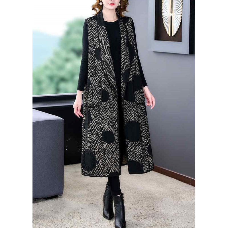Loose Black Print Pockets Patchwork Cotton Waistcoat Sleeveless