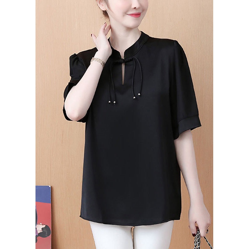 Loose Black Stand Collar ButtonPatchwork Chiffon Tops Summer