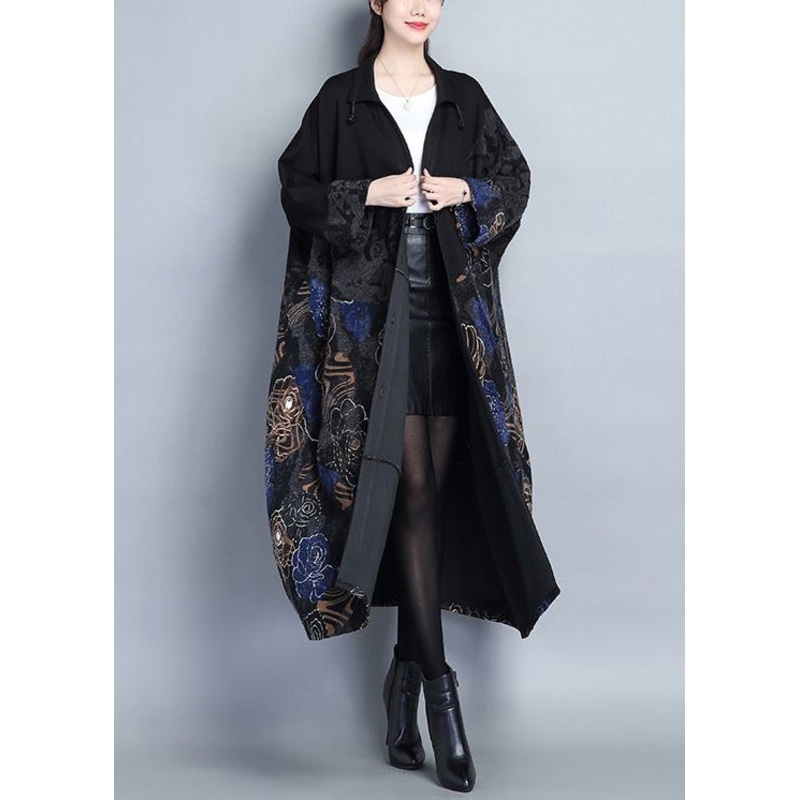 Loose Blue Stand Collar Pockets Patchwork Cotton Long Trench Coat Fall