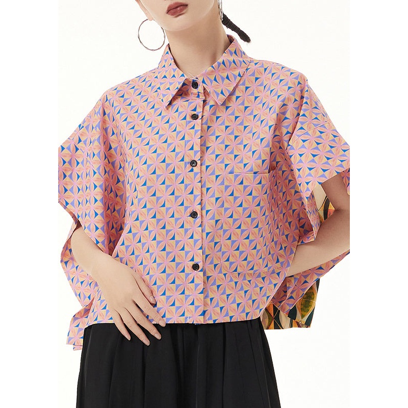 Loose Pink Peter Pan Collar Print Patchwork Cotton Shirt Summer