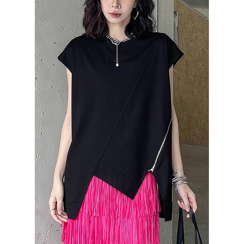 Modern Black O-Neck Asymmetrical Patchwork Cotton T Shirt Summer