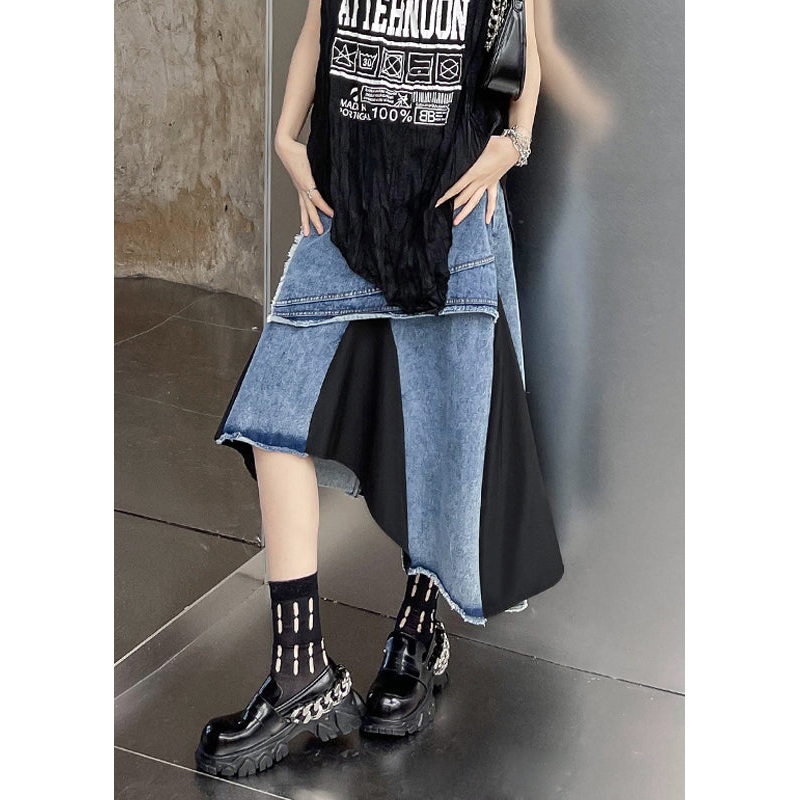 Modern Blue Asymmetrical Pockets Patchwork Denim Skirt Fall