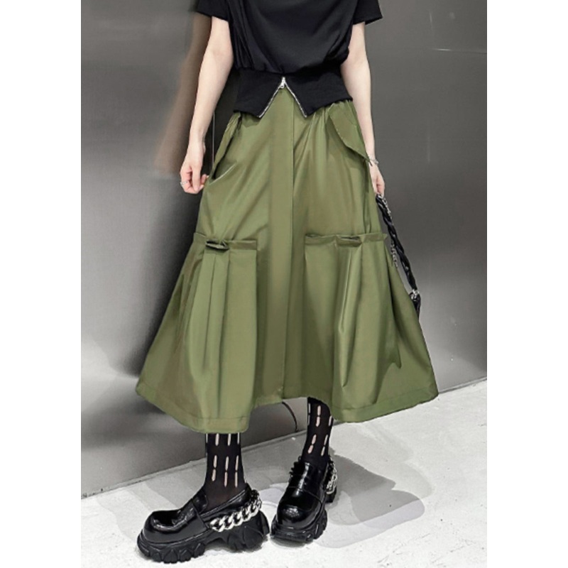 New Army Green Pockets High Waist Patchwork Cotton A Line Skirts Fall