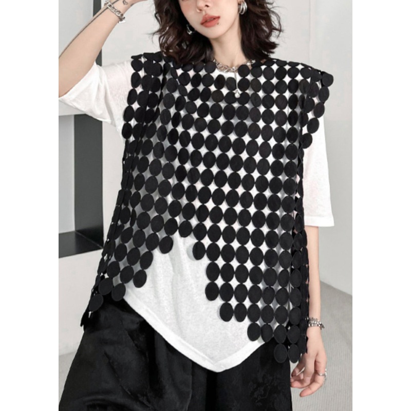 New Black Asymmetrical Hollow Out Patchwork Cotton Waistcoat Sleeveless