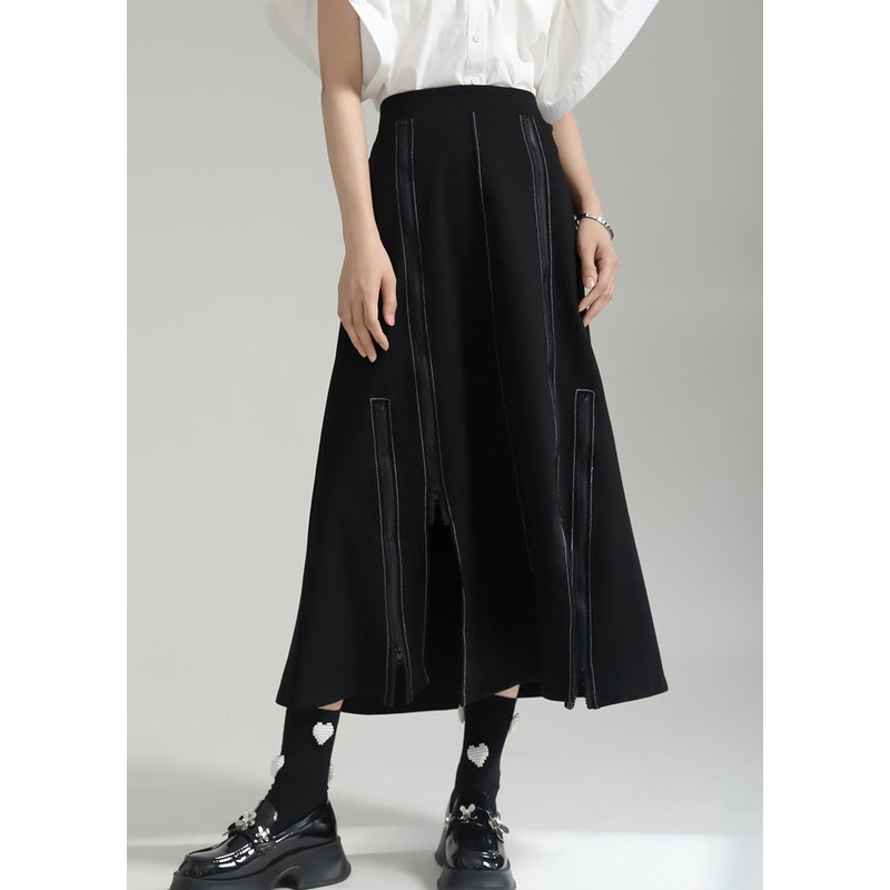 New Black Asymmetrical Zip Up Patchwork Cotton Skirts Fall