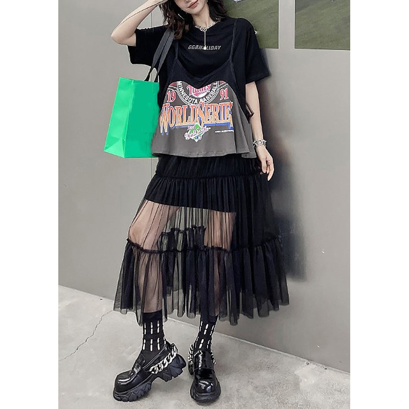 New Black O-Neck Print Wrinkled Tulle Patchwork Two Pieces Set Summer