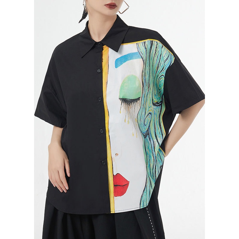 New Black Peter Pan Collar Print Patchwork Cotton Shirts Summer