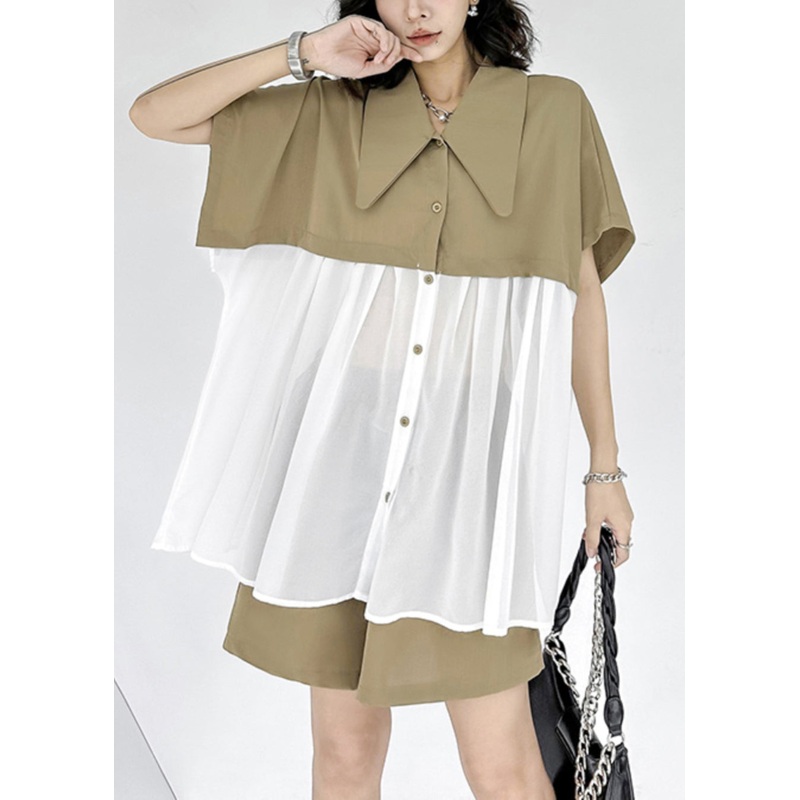 New Khaki Peter Pan Collar Wrinkled Chiffon Patchwork Tops And Shorts Two Pieces Set Summer