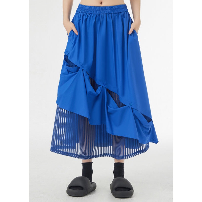 New Royal Blue Asymmetrical Pockets Patchwork Cotton Skirts Fall