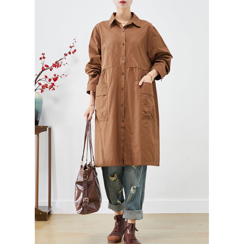 Organic Coffee Oversized Patchwork Pockets Cotton Trench Coats Fall