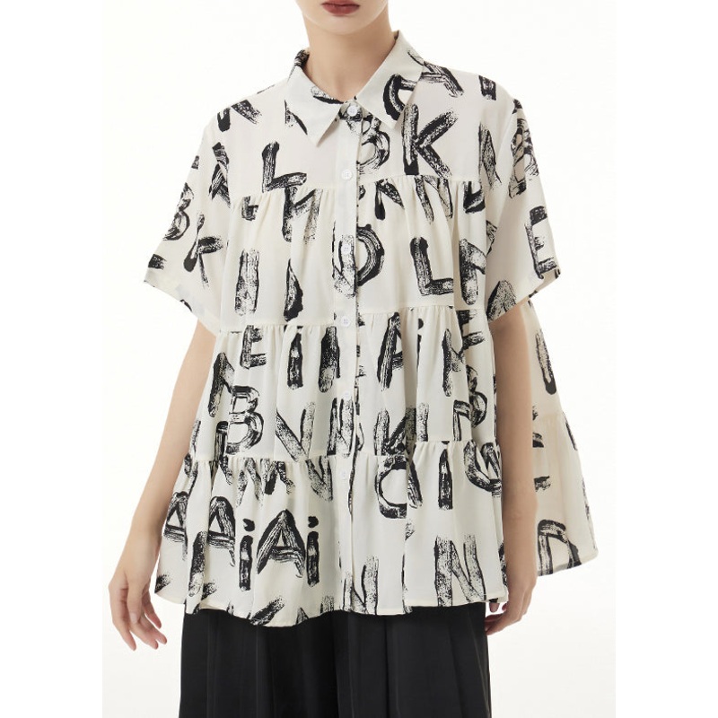 Plus Size Beige Peter Pan Collar Print Wrinkled Patchwork Silk Shirts Summer