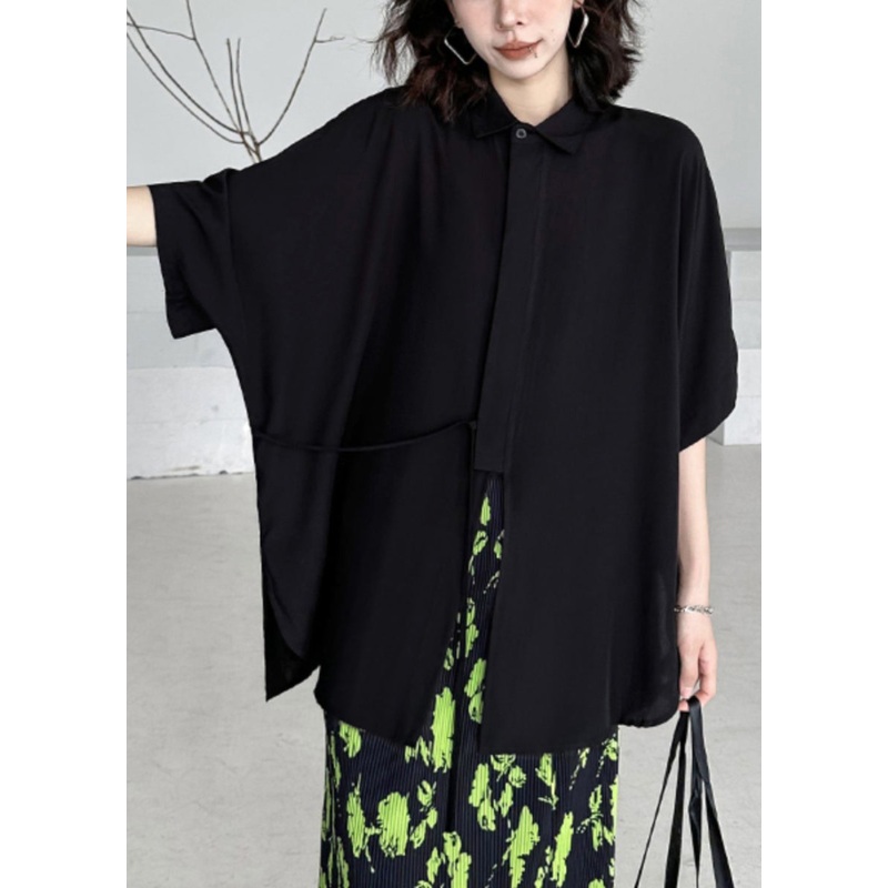 Plus Size Black Asymmetrical Lace Up Patchwork Cotton Shirt Batwing Sleeve