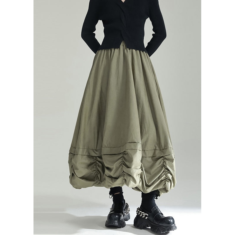 Plus Size Green Wrinkled Pockets Patchwork Cotton Skirts Fall