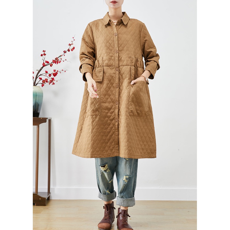 Plus Size Khaki Cinched Plaid Pockets Fine Cotton Filled Trench Winter