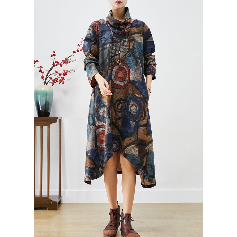 Plus Size Navy Oversized Print Woolen Dress Two Piece Set Fall