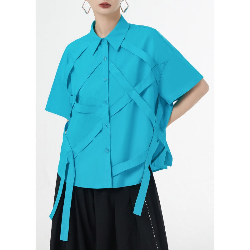 Plus Size Royal Blue Tasseled Button Patchwork Cotton Shirts Summer