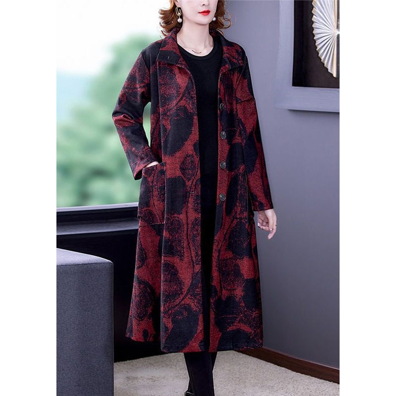 Red Button Pockets Patchwork Cotton Long Trench Coat Stand Collar Long Sleeve