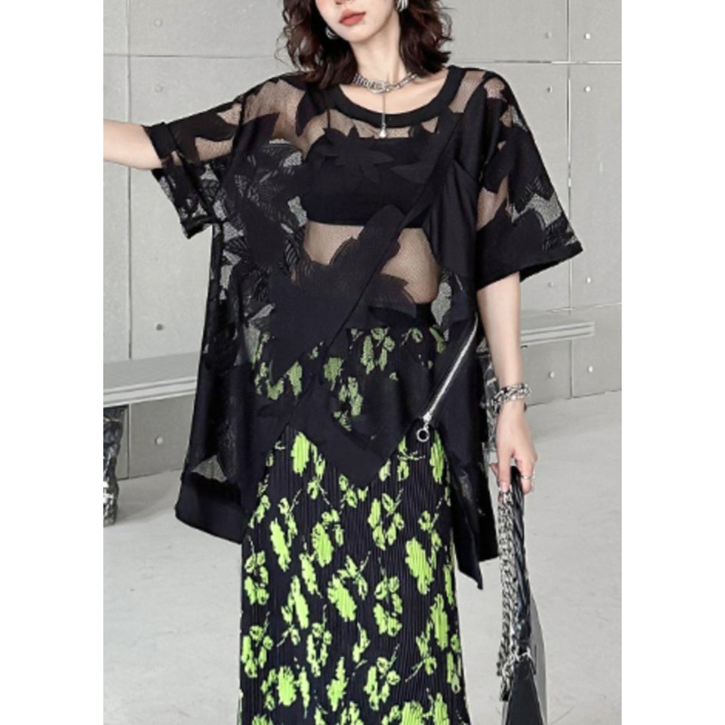 Sexy Black Asymmetrical Embroideried Patchwork Lace T Shirt Summer