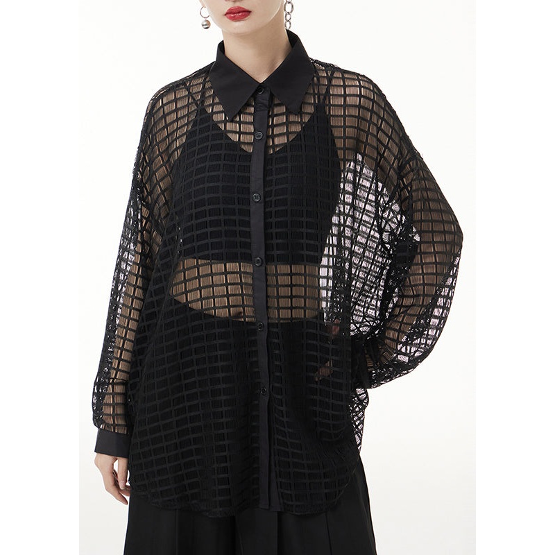 Sexy Black Peter Pan Collar Hollow Out Patchwork Lace Shirts Long Sleeve