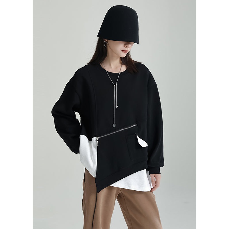 Simple Black Asymmetrical Zippered Patchwork Warm Fleece Top Winter