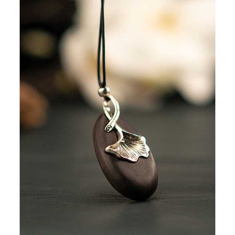 Simple Black Faux Leather Ebony Ginkgo Leaf Pendant Necklace