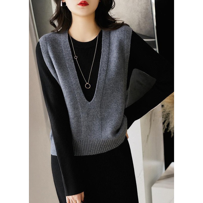 Simple Dark Gray V Neck Patchwork Knit Waistcoat Sleeveless
