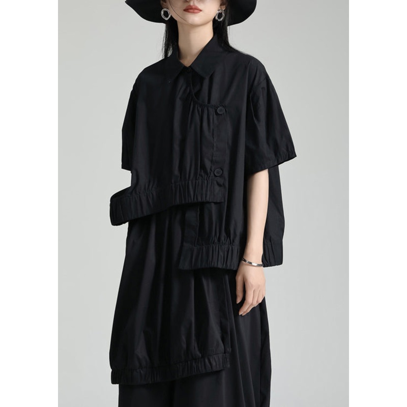 Style Black Asymmetrical Patchwork Cotton Shirt Tops Short Sleeve