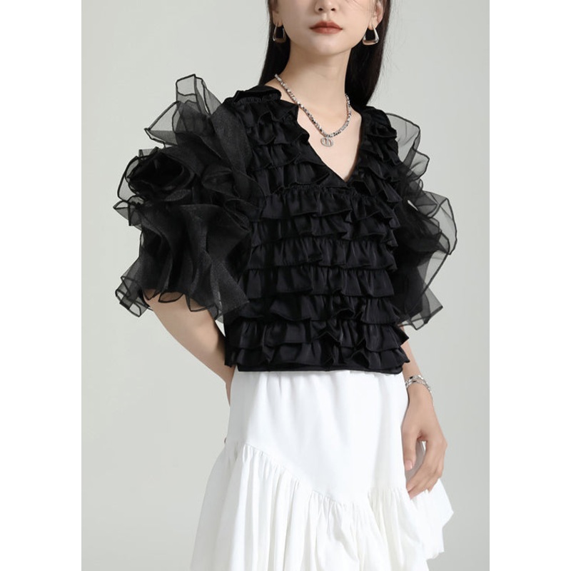 Style Black V Neck Ruffled Patchwork Tulle Blouses Puff Sleeve